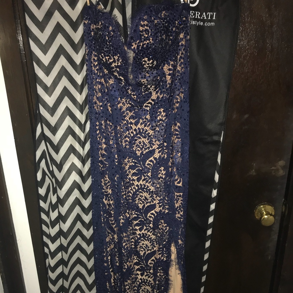 Beautiful Jovani gown navy with nude underlay!